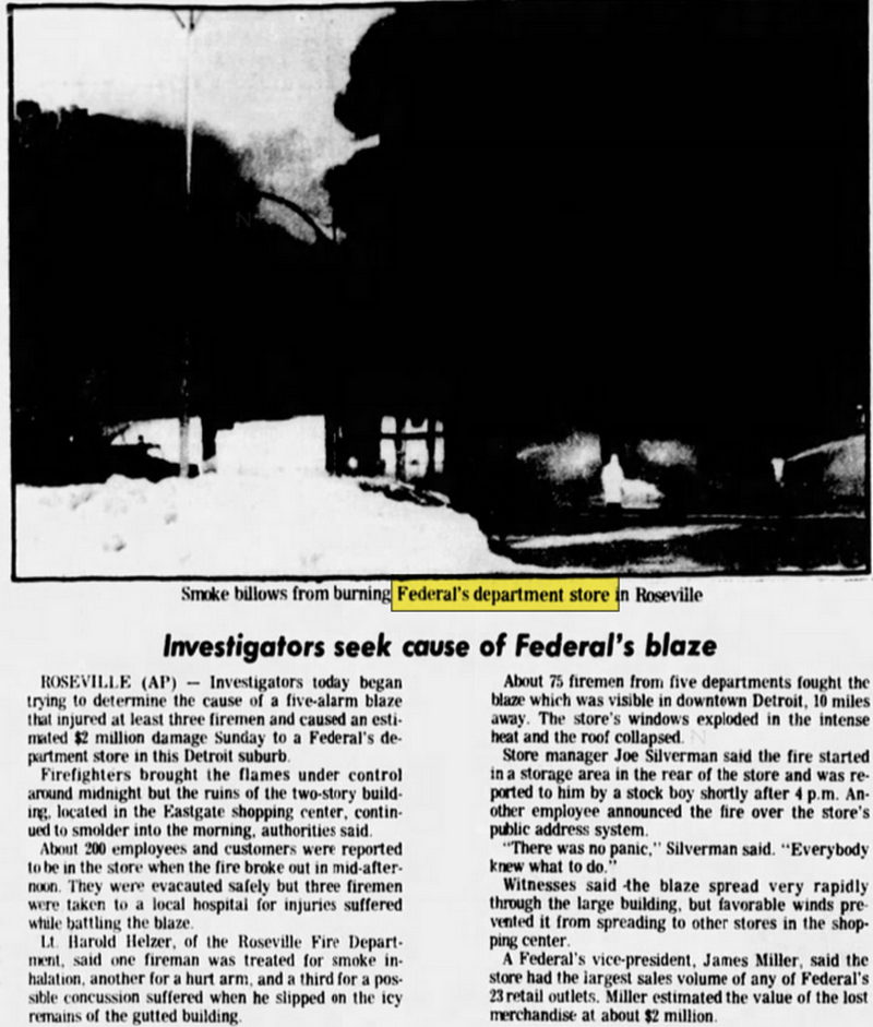 Federals (Federal Department Store) - Feb 13 1978 Eastgate Store Burns
